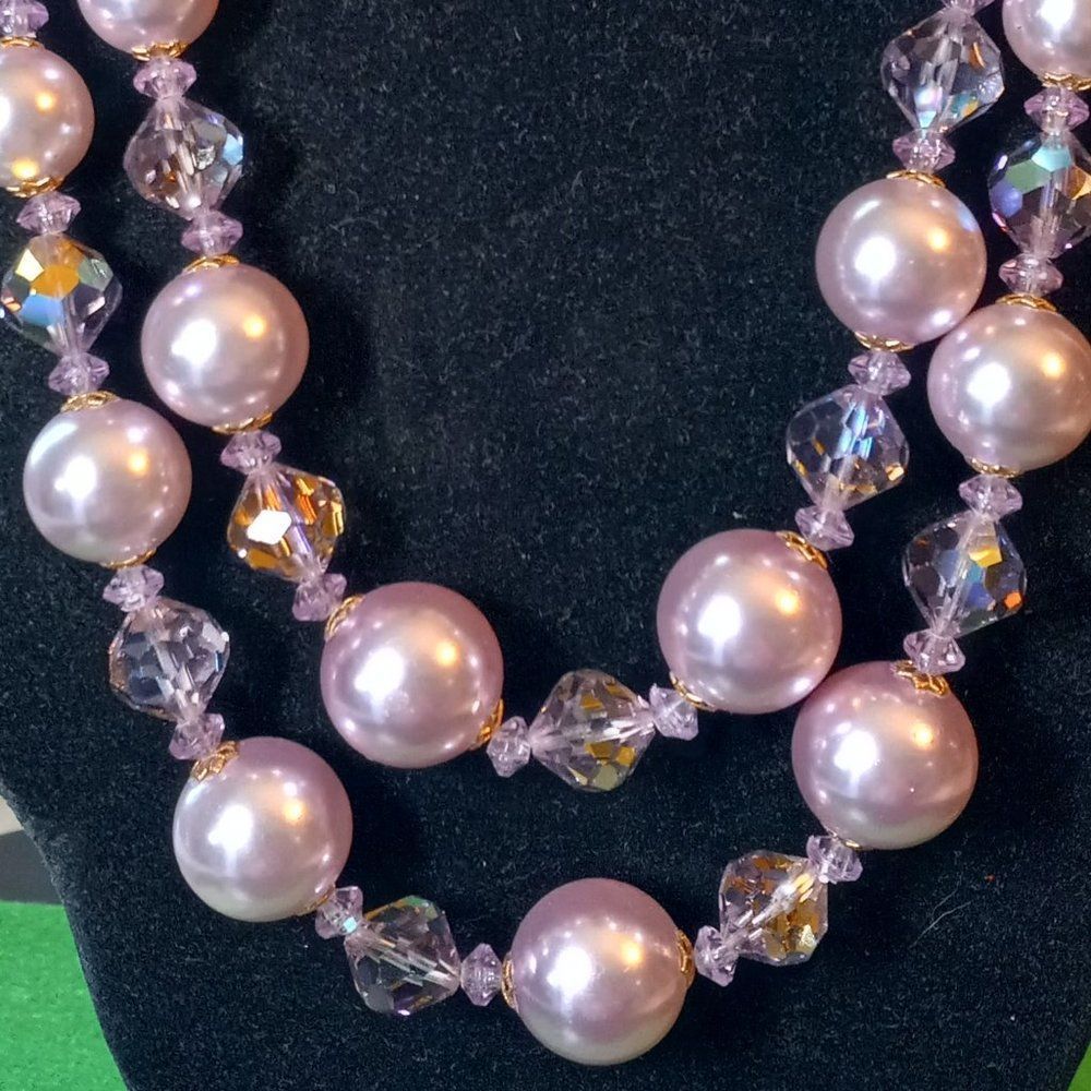 Pink Double Strand Faceted Iridescent Necklace Prom Wedding Special Event - Picture 3 of 7